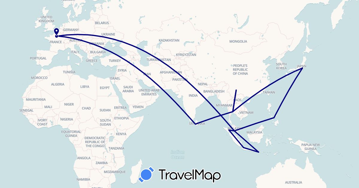 TravelMap itinerary: driving in China, France, Indonesia, Japan, Sri Lanka, Malaysia, Philippines, Thailand (Asia, Europe)